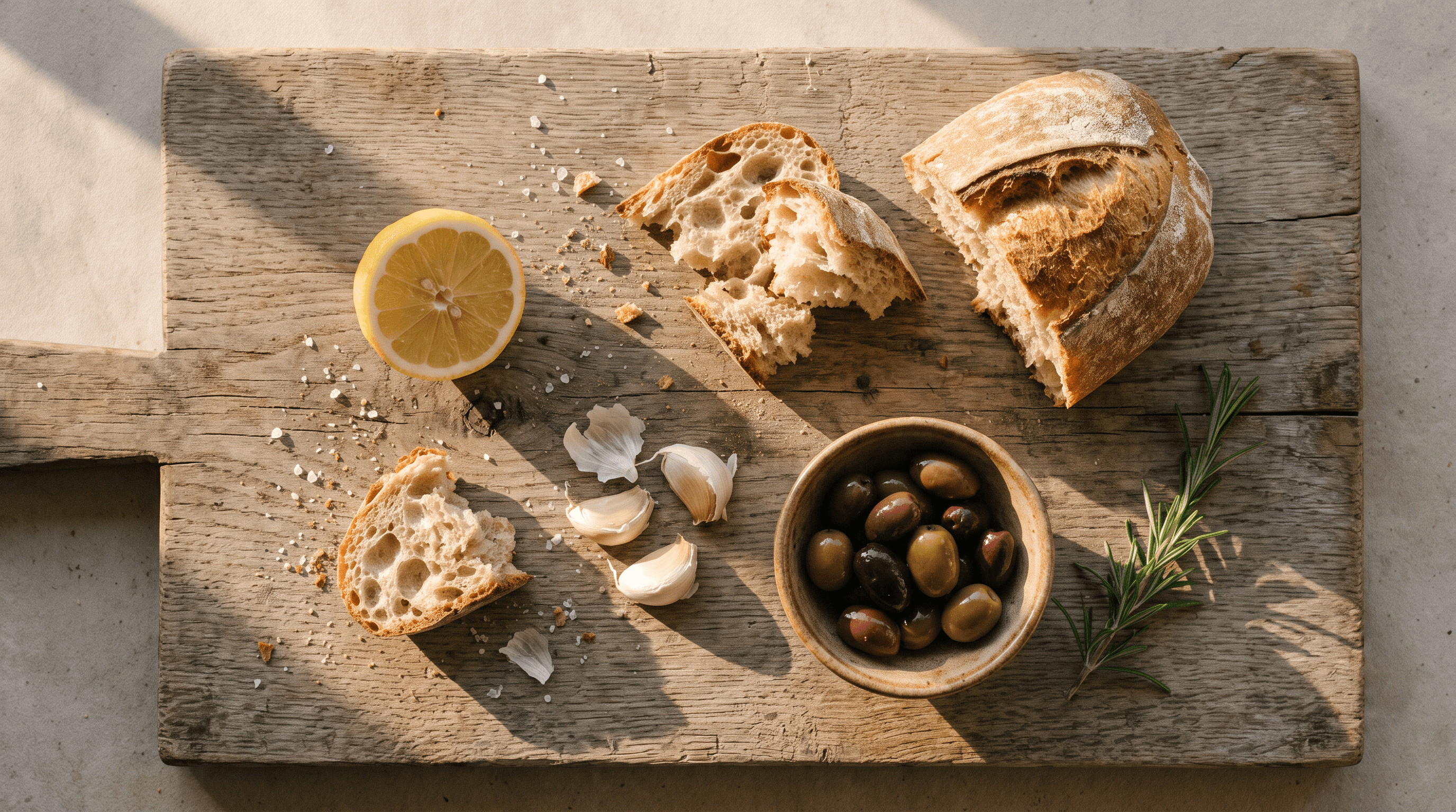 Mediterrane Tafel: Brot, Zitrone, Knoblauch, Oliven